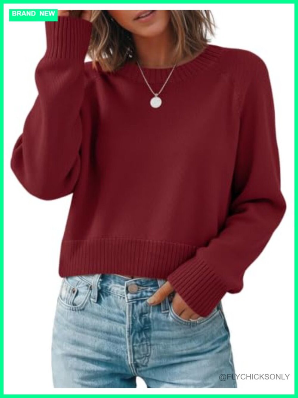 Cropped Crewneck Knit Pullover Sweater Long Sleeve Ribbed Trim